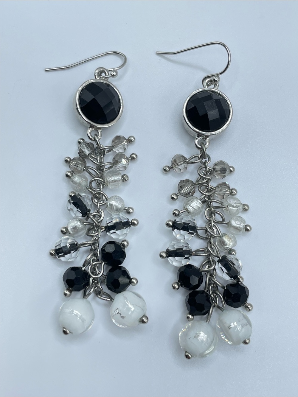 Silver Tone Black White Crystal Beaded Dangle Earrings Boho Glam